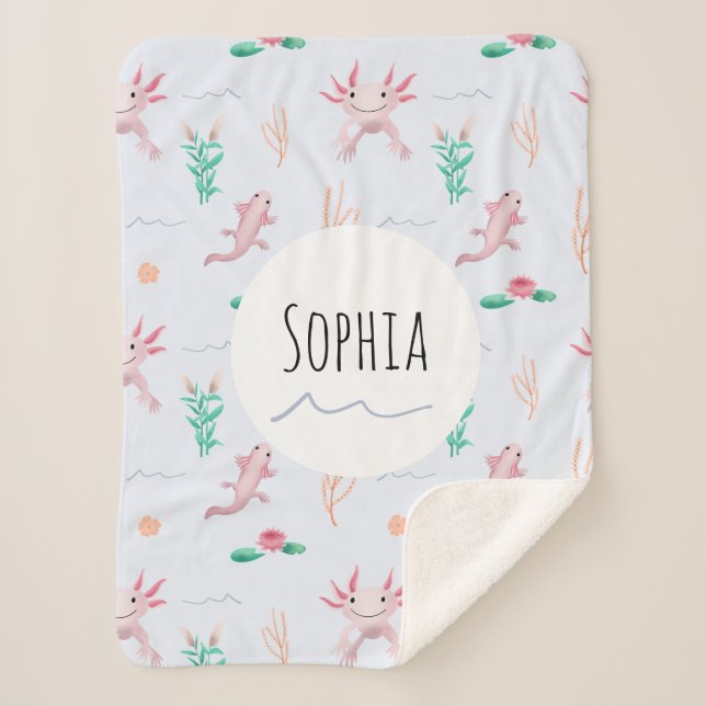 Girl Cute Quirky Pink Axolotl River Pattern Kids Sherpa Blanket (Front)