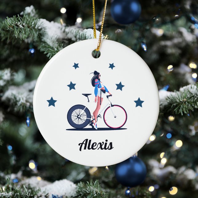 Girl Cyclist Cycling Bicycle Kid's Name Stars  Ceramic Ornament (Creator Uploaded)