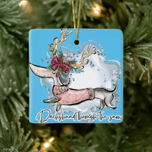Girl Dachshund Through The Snow Ceramic Ornament