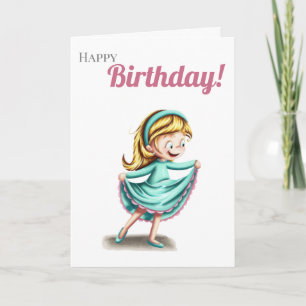 Girl dancing in a teal dress happy birthday card