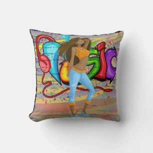 Girl Dancing Music Graffiti Wall Background 2 Cushion