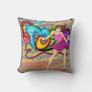 Girl Dancing Music Graffiti Wall Background 4 Cushion