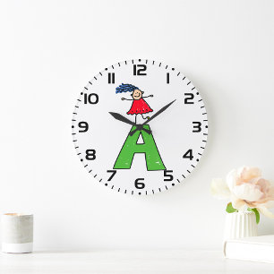 Girl Dancing on Green Letter A Fun Alphabet  Large Clock