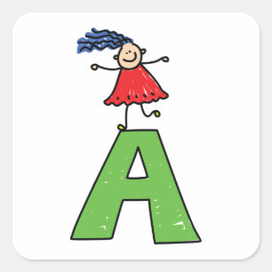 Girl Dancing on Green Letter A Fun Alphabet  Square Sticker