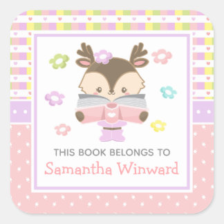 Girl Deer Pink and Purple Kids Bookplate Square Sticker