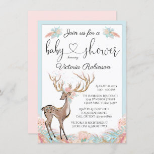 Girl Deer Pink Teal Watercolor Baby Shower Invitation