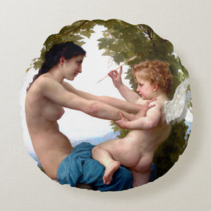 Girl Defending Herself Against Eros Cupid Painting Round Cushion