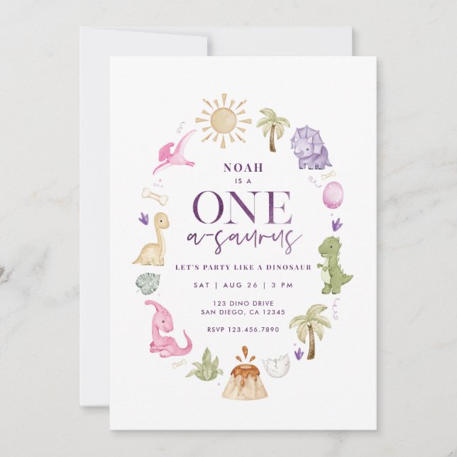 Girl Dino One-a-saurus 1st Birthday Invitation  (Front)