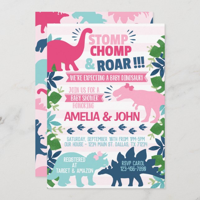 Girl Dinosaur Baby Shower Invitation Invite (Front/Back)