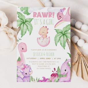 Girl DINOSAUR Baby Shower Invitation, Purple Dino Invitation