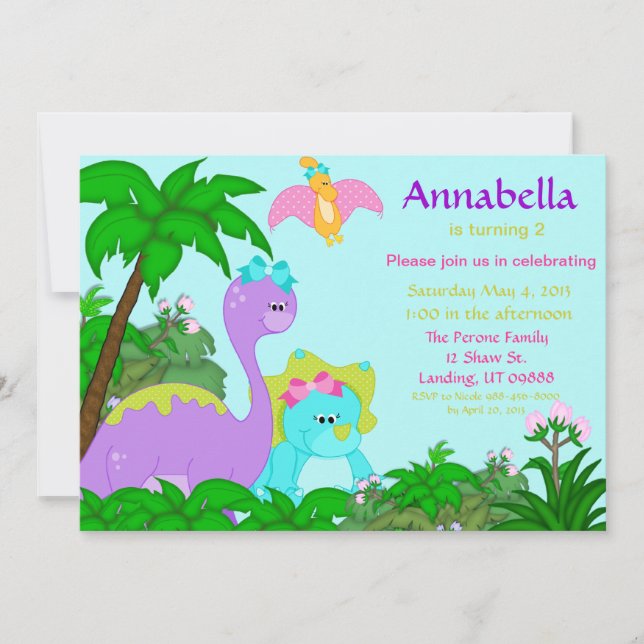 Girl Dinosaur Birthday Invitation (Front)