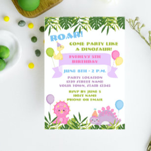 Girl Dinosaur Birthday Invitation