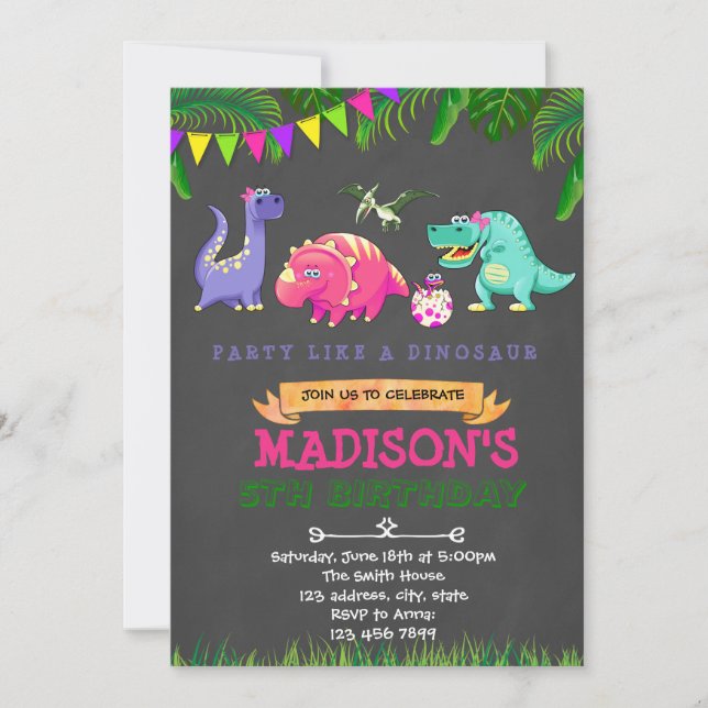 Girl dinosaur birthday invitation (Front)