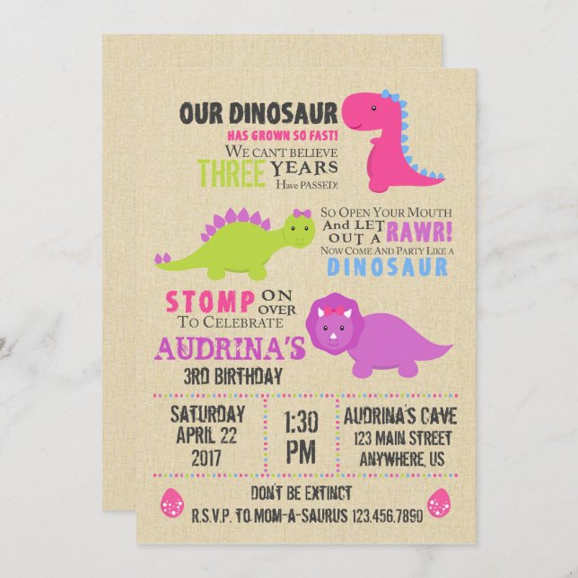 Girl Dinosaur Birthday Invitation (Front/Back)