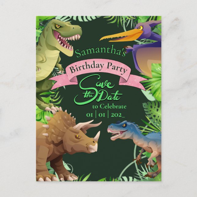 Girl Dinosaur Birthday Invitation Postcard (Front)