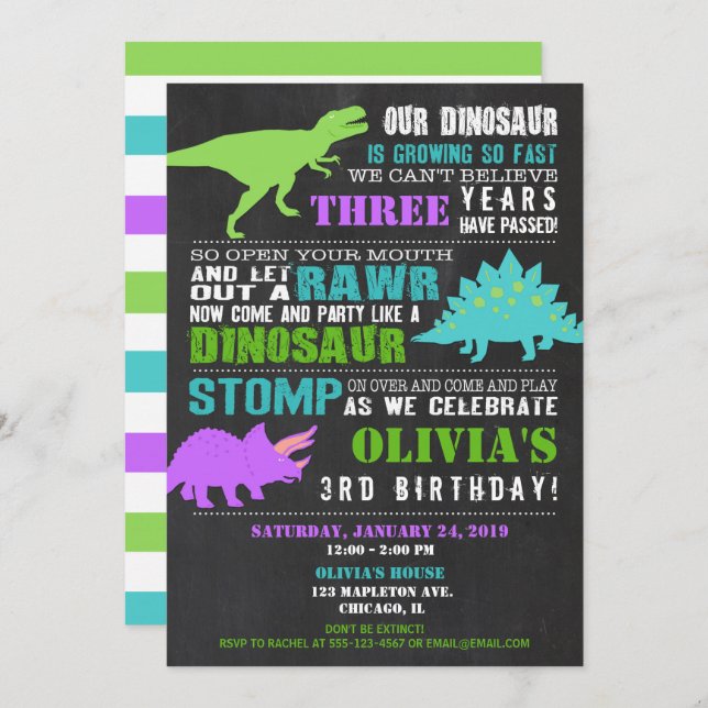 Girl dinosaur birthday invitations chalkboard (Front/Back)