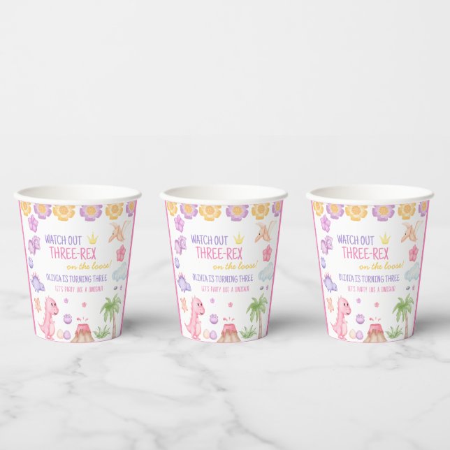 Girl Dinosaur Birthday Paper Cups (Multi)