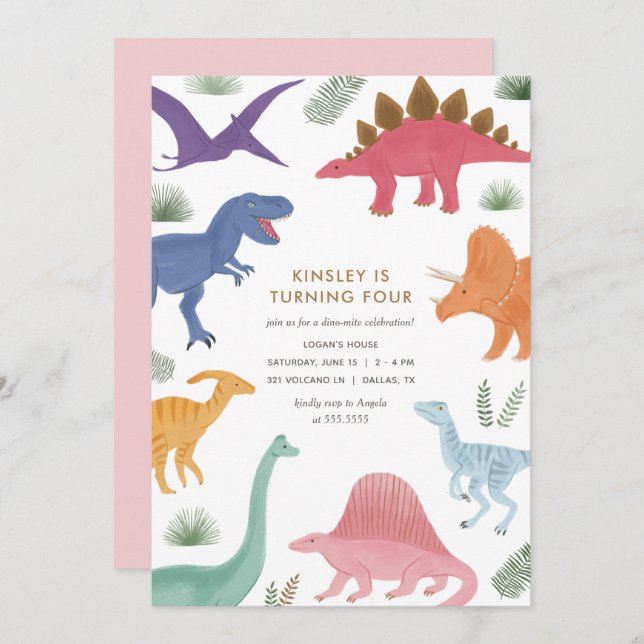 Girl Dinosaur Birthday Party Invitation (Front/Back)
