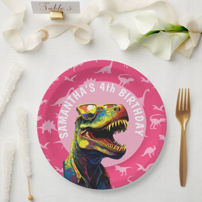 Girl Dinosaur Birthday Party Paper Plate (Wedding)