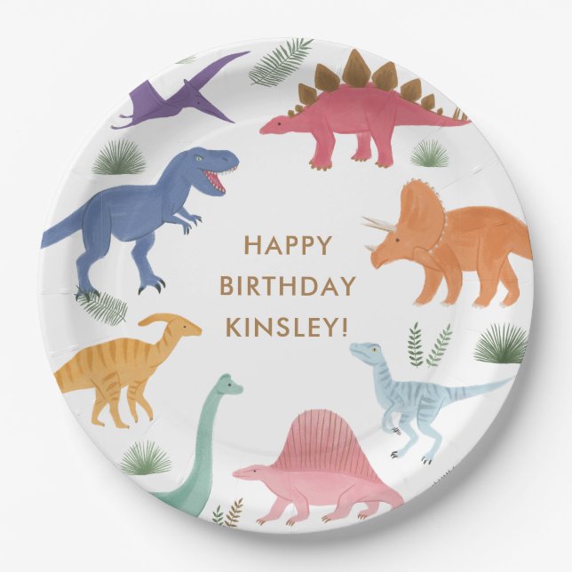 Girl Dinosaur Birthday Party Paper Plate (Front)