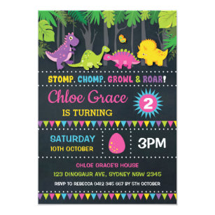 Girl Dinosaur Birthday Party Pink Roar Chalkboard Invitation