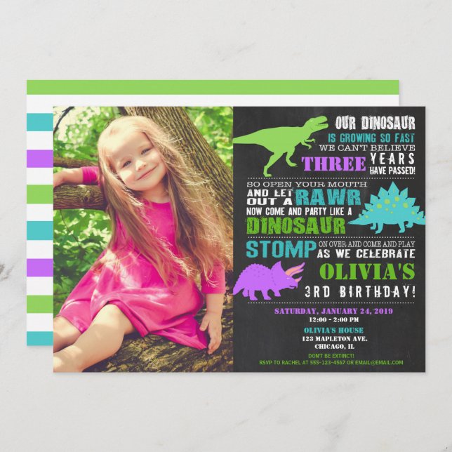 Girl dinosaur birthday teal green purple photo invitation (Front/Back)