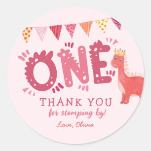 Girl Dinosaur Birthday Thank You Classic Round Sticker