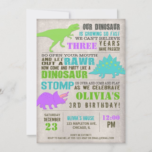 Girl dinosaur dino dig birthday party invitation (Front)