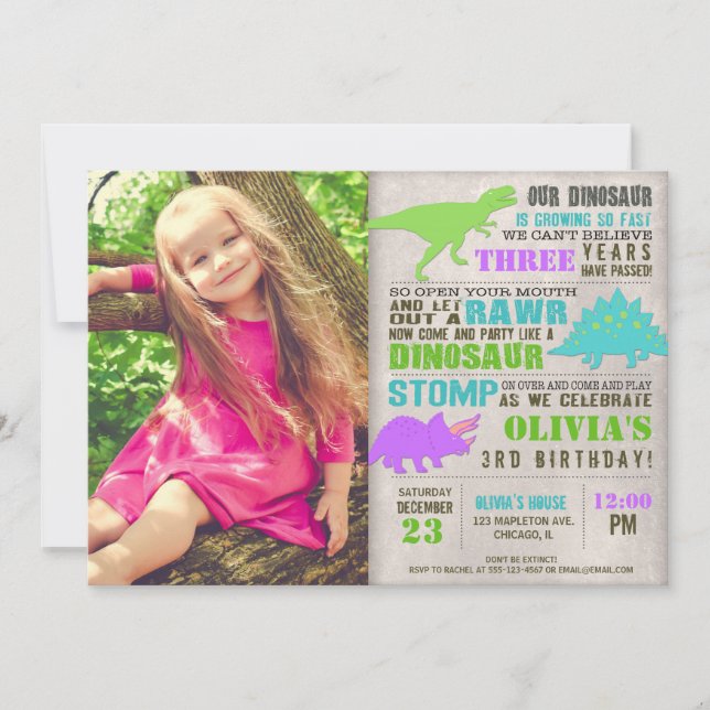 Girl dinosaur dino dig birthday party photo invitation (Front)