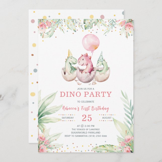 Girl Dinosaur First Birthday Invitation (Front/Back)