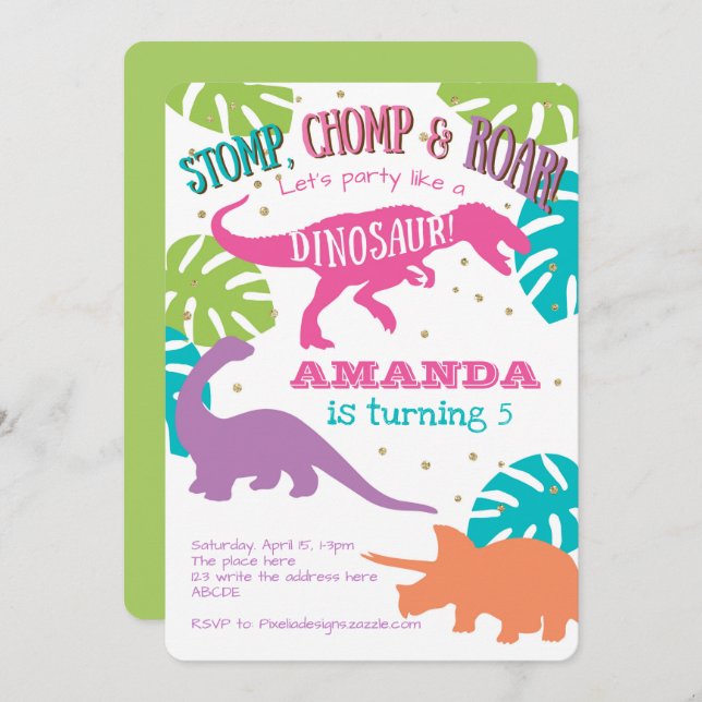 Girl, Dinosaur Party, Pink, Purple, Green Birthday Invitation (Front/Back)