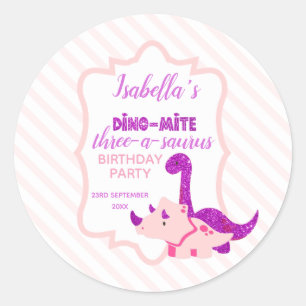 Girl Dinosaur Pink Birthday Party  Classic Round Sticker