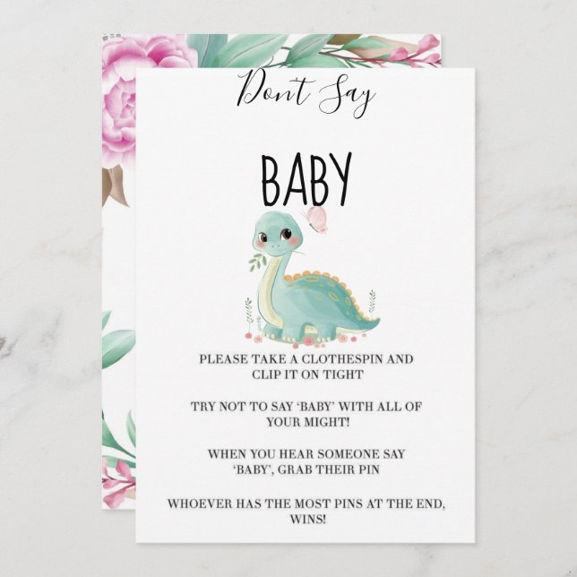 Girl Dinosaur Pink Peony Don’t Say Baby Cards (Front/Back)