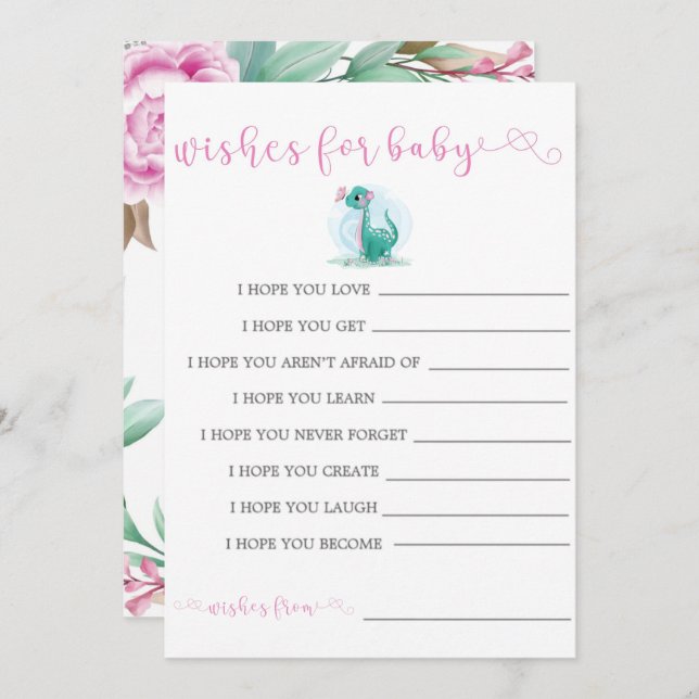 Girl Dinosaur Pink Peony Wishes For Baby Invites (Front/Back)
