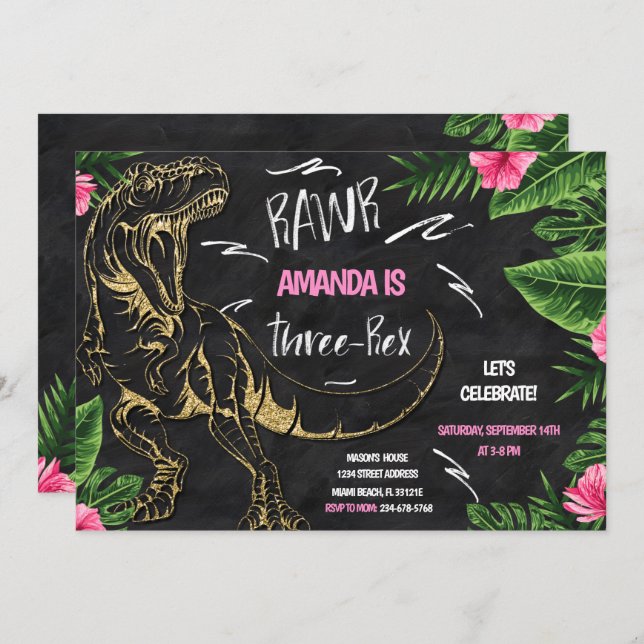 Girl Dinosaur Three-Rex Birthday Invitation (Front/Back)