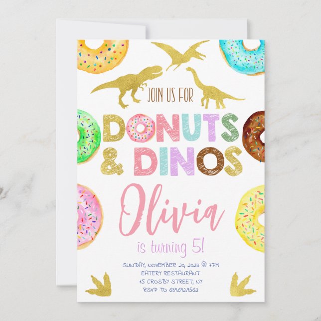 Girl Dinosaurs and Doughnuts Birthday Invitation (Front)