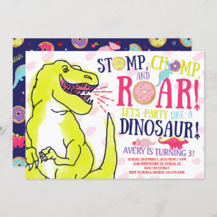 Girl Dinosaurs and Doughnuts Birthday Invitation