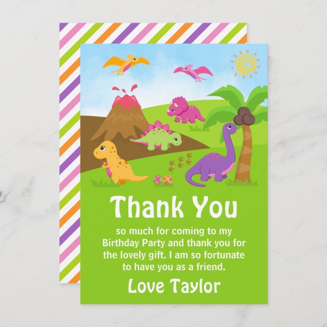 Girl Dinosaurs Birthday Party Thank You Card (Front/Back)