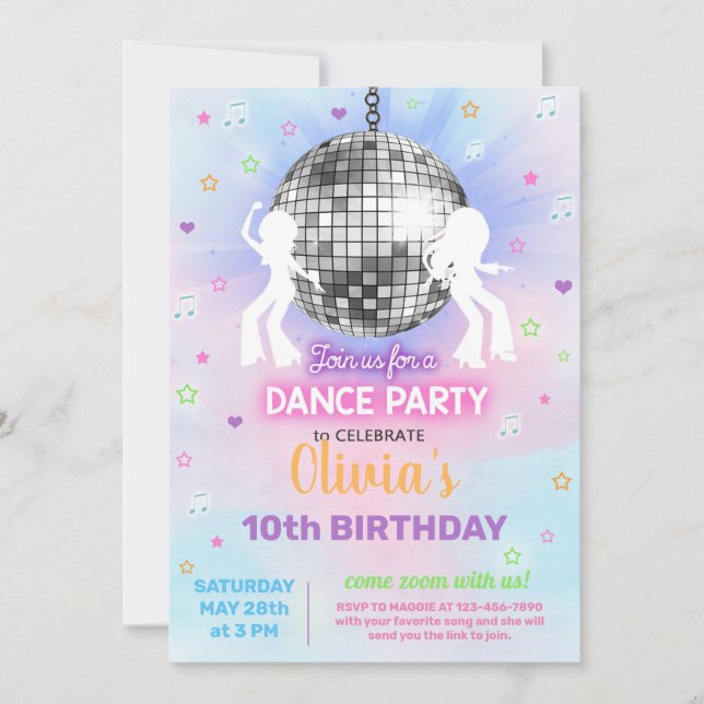 Girl disco dance party, virtual dance party. invitation (Front)