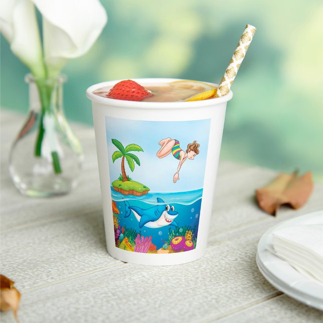 Girl Diving Into Ocean Friendly Shark Coral Reef Paper Cups (Creator Uploaded)