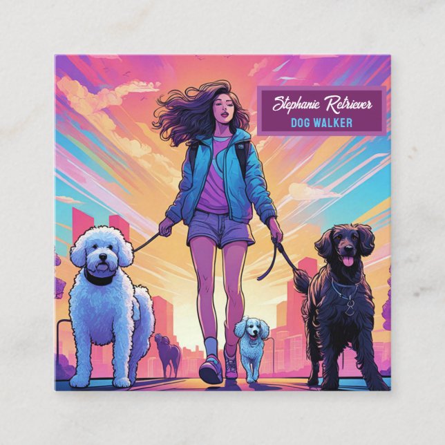Girl Dog Walker Pet Sitter In Blue Jacket Pink Square Business Card (Front)