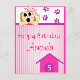 Girl Dog with Bow & Dog House Birthday Postcard