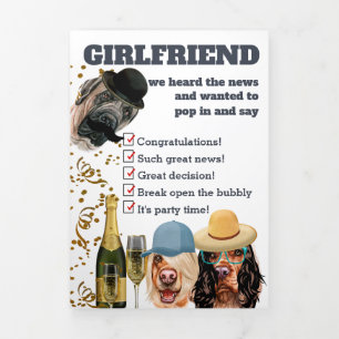 Girl dogs champagne congratulations engagement Tri-Fold holiday card
