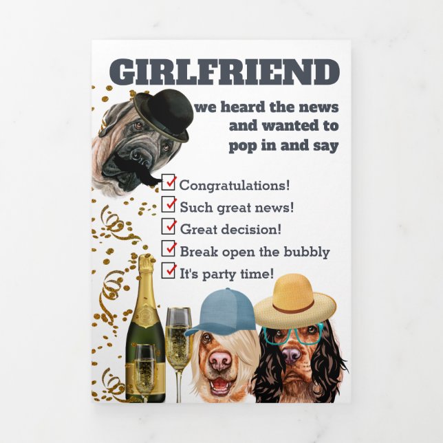 Girl dogs champagne congratulations engagement Tri-Fold holiday card (Cover)
