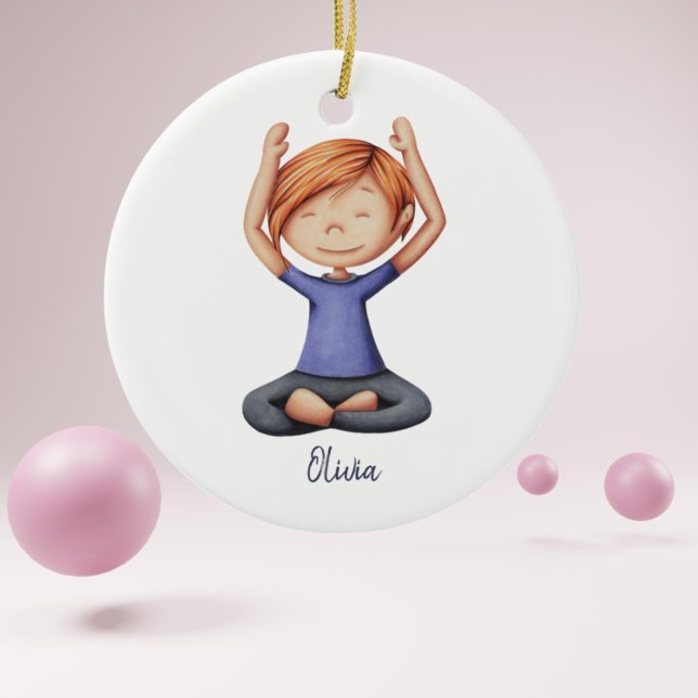 Girl Doing Yoga Meditating Personalised Christmas Ceramic Ornament (Girl doing yoga illustrated personalized christmas ornament)