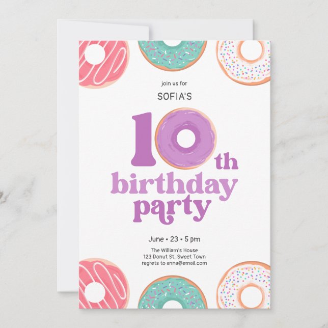 Girl donut 10th Birthday Party Invitation (Front)