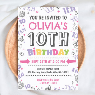 Girl Doodle 10th Birthday Invitation