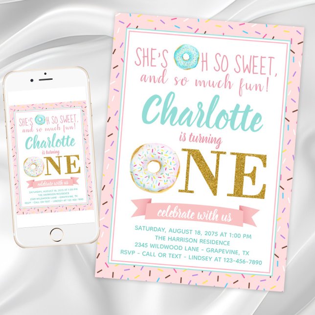 Girl Doughnut 1st Birthday Party Invitation (Girl Donut 1st Birthday Party Invitation withe cute donuts on a pink sprinkle background.)