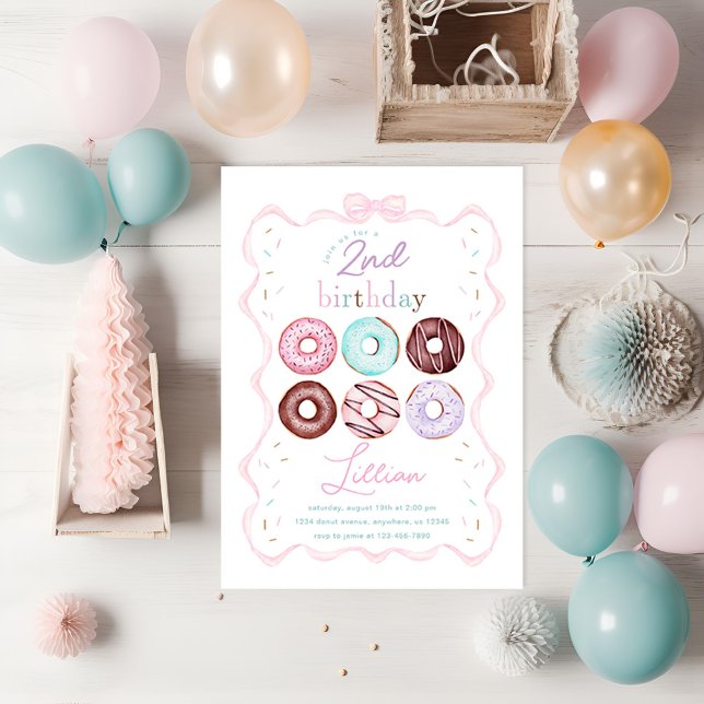 Girl Doughnut and Pink Bow Birthday Party Invitation (Creator Uploaded)