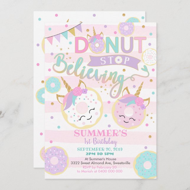 Girl Doughnut Unicorn 1st Birthday Invitation (Front/Back)